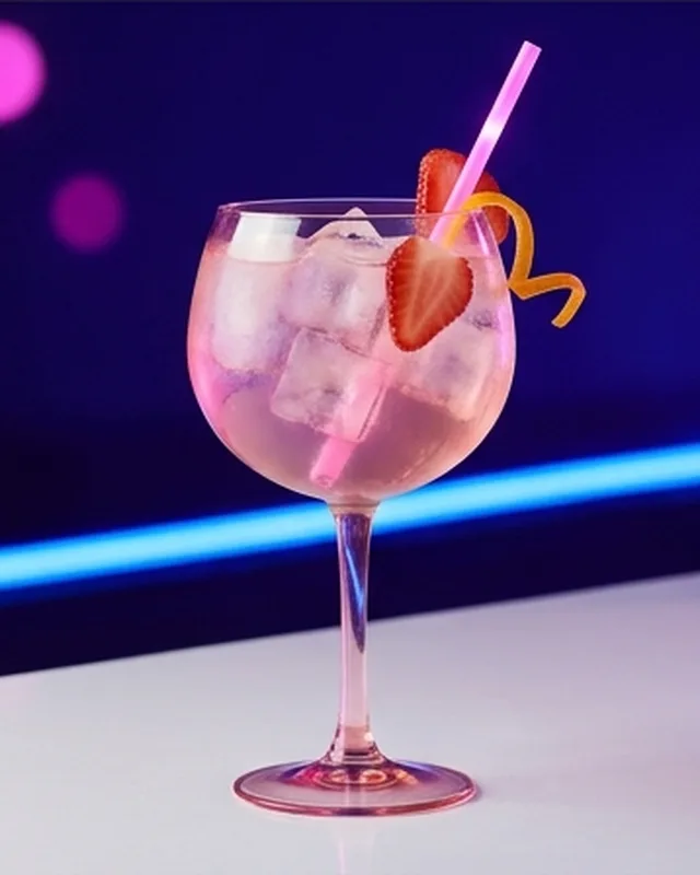 Copa de balón rosa con hielo, fresa y pajita rosa, sobre la barra blanca.