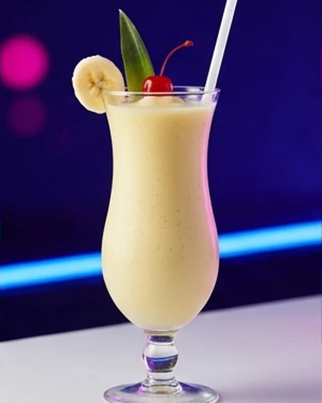 Vaso alto de color crema con rodaja de plátano, cereza y hoja de piña, sobre la barra blanca.